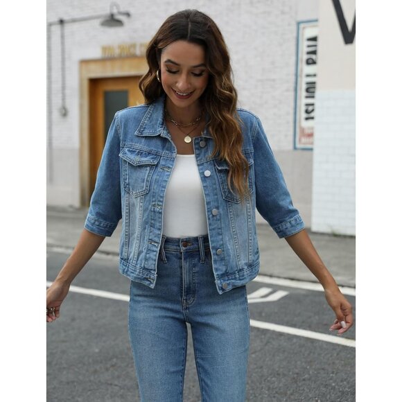 Women's 3/4 Sleeve Colored Cropped Denim Jacket Short Jean Jacket Trucker Blue - Picture 2 of 7